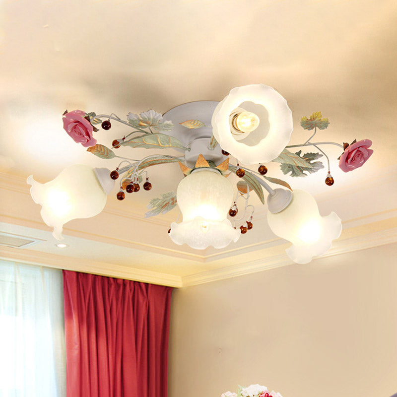 Plafonnier en verre dépoli avec lumière verte - Design floral coréen pour chambre à coucher (4/6/9 têtes)