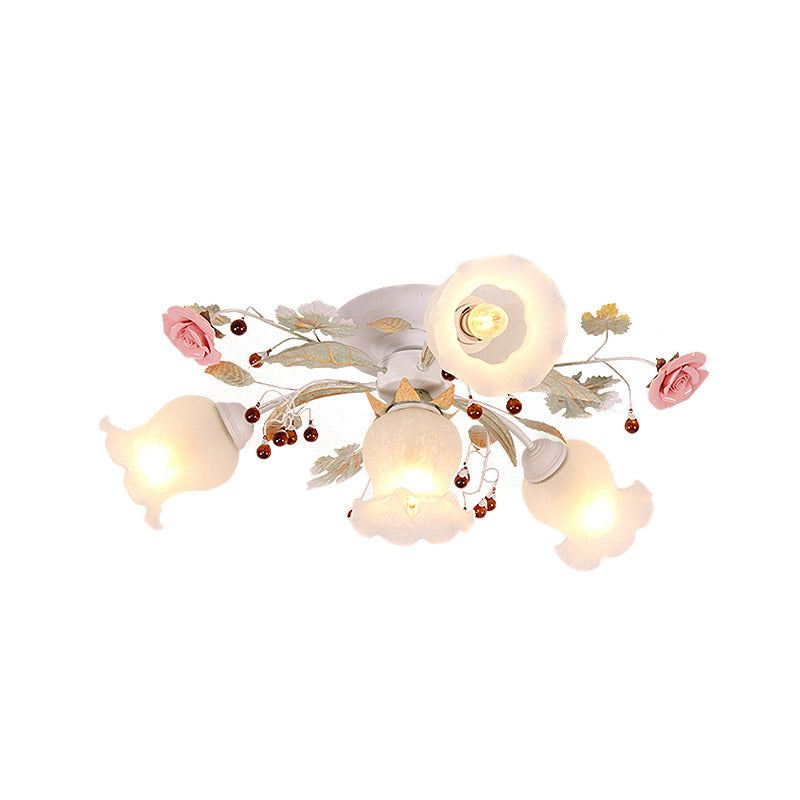 Plafonnier en verre dépoli avec lumière verte - Design floral coréen pour chambre à coucher (4/6/9 têtes)