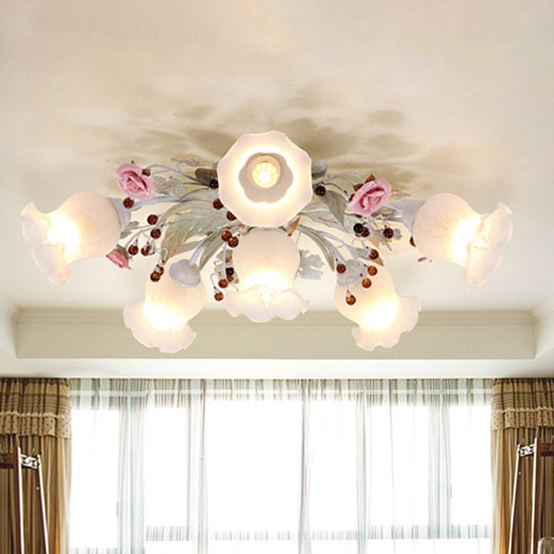 Plafonnier en verre dépoli avec lumière verte - Design floral coréen pour chambre à coucher (4/6/9 têtes)