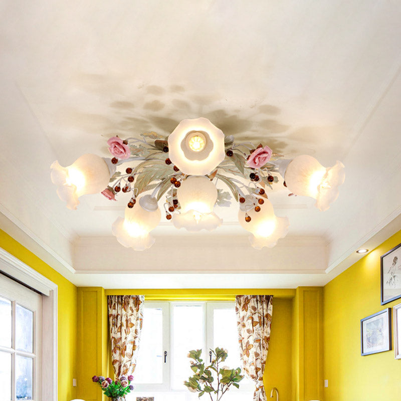 Plafonnier en verre dépoli avec lumière verte - Design floral coréen pour chambre à coucher (4/6/9 têtes)