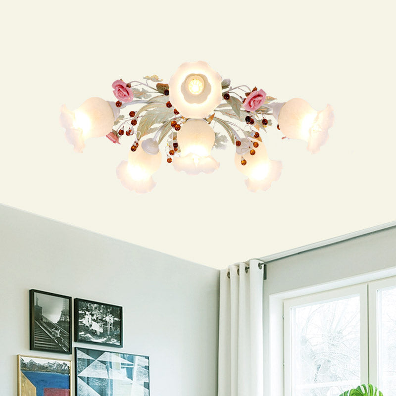 Plafonnier en verre dépoli avec lumière verte - Design floral coréen pour chambre à coucher (4/6/9 têtes)