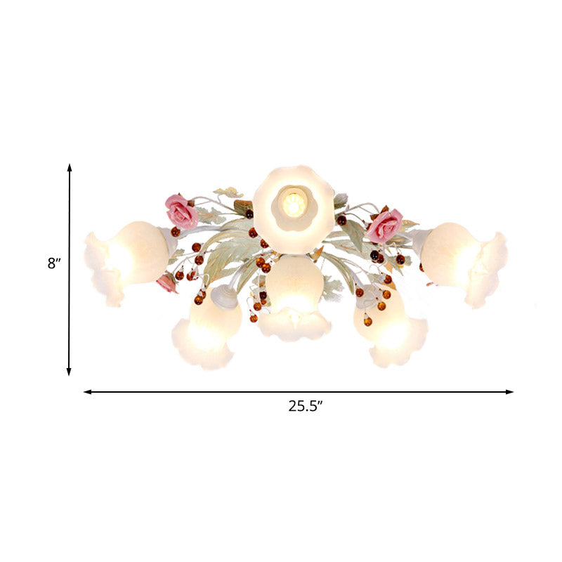 Plafonnier en verre dépoli avec lumière verte - Design floral coréen pour chambre à coucher (4/6/9 têtes)