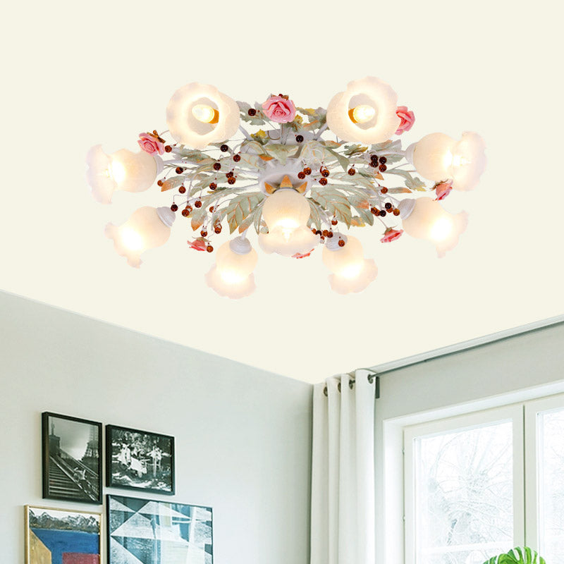 Plafonnier en verre dépoli avec lumière verte - Design floral coréen pour chambre à coucher (4/6/9 têtes)