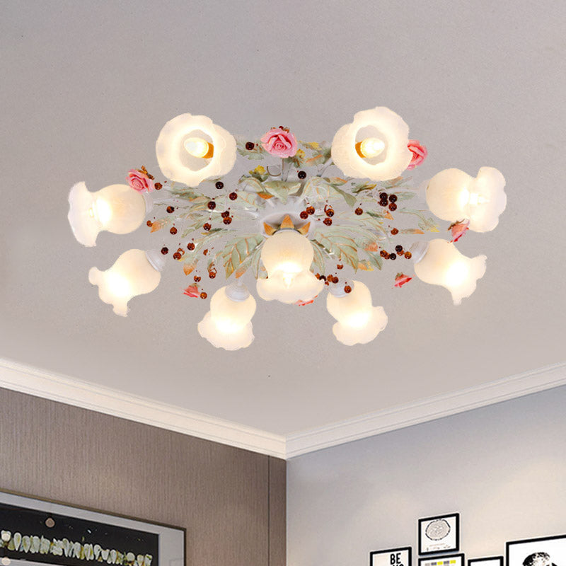 Plafonnier en verre dépoli avec lumière verte - Design floral coréen pour chambre à coucher (4/6/9 têtes)