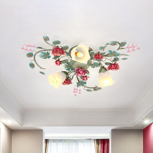 Twisted Green Semi Flush Light Fixture with Korean Flower White Glass - 3/6 Bulbs, Perfect for Bedrooms