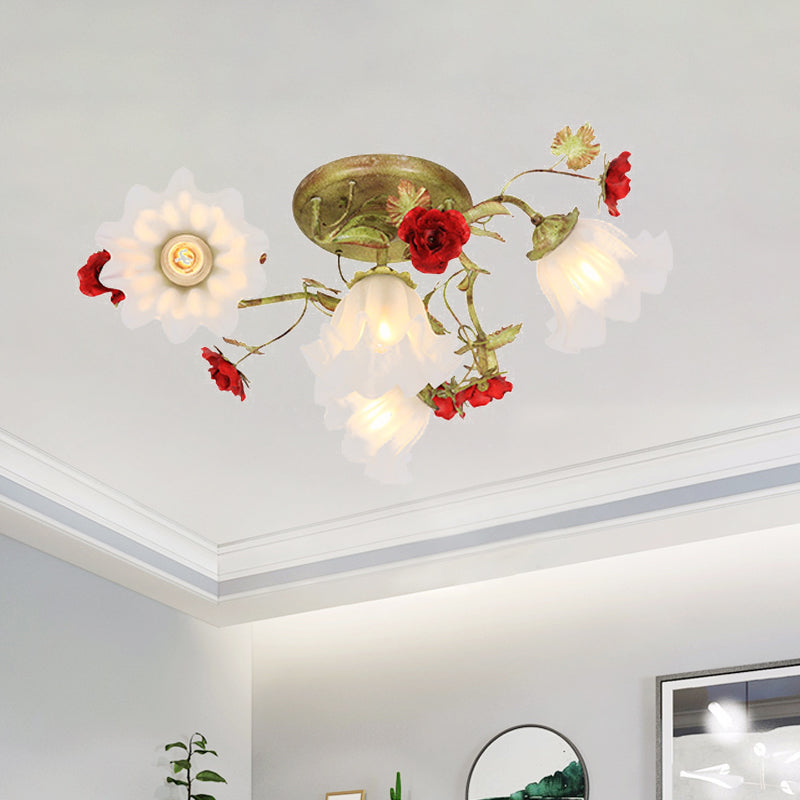Plafonnier semi-encastré de jardin coréen en vert avec des accents de roses rouges - Verre opale, 4/6 têtes