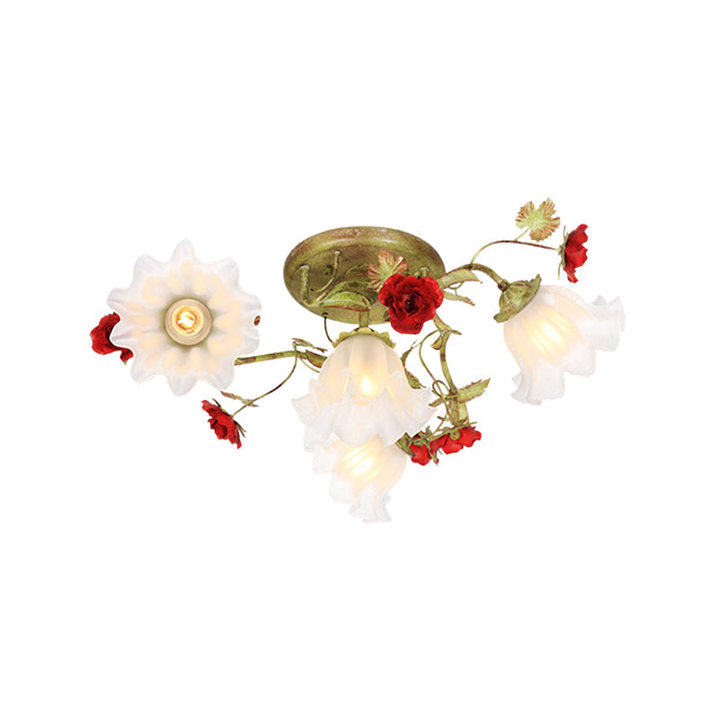 Plafonnier semi-encastré de jardin coréen en vert avec des accents de roses rouges - Verre opale, 4/6 têtes