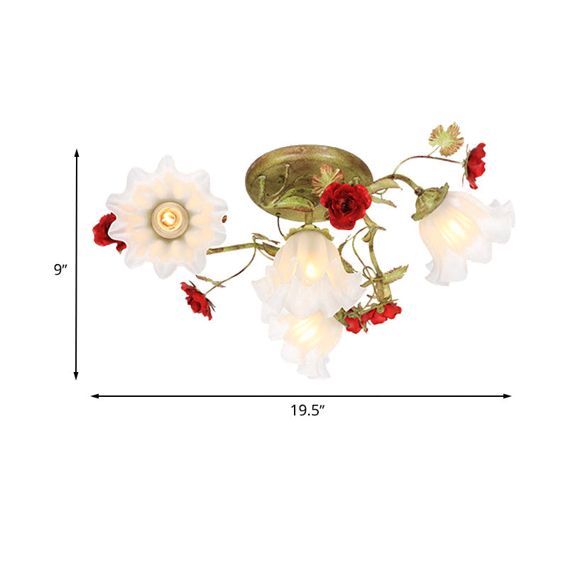 Plafonnier semi-encastré de jardin coréen en vert avec des accents de roses rouges - Verre opale, 4/6 têtes