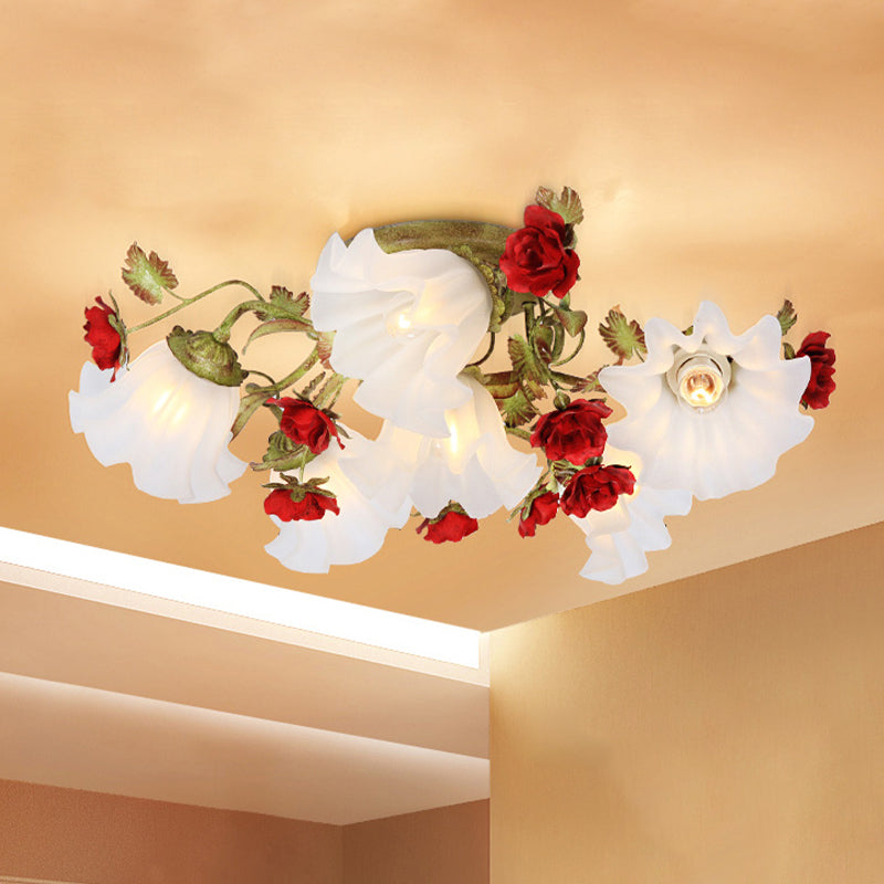 Plafonnier semi-encastré de jardin coréen en vert avec des accents de roses rouges - Verre opale, 4/6 têtes