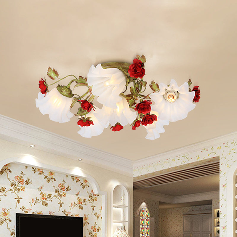 Plafonnier semi-encastré de jardin coréen en vert avec des accents de roses rouges - Verre opale, 4/6 têtes