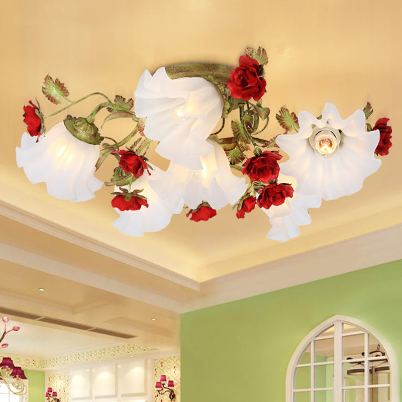 Plafonnier semi-encastré de jardin coréen en vert avec des accents de roses rouges - Verre opale, 4/6 têtes