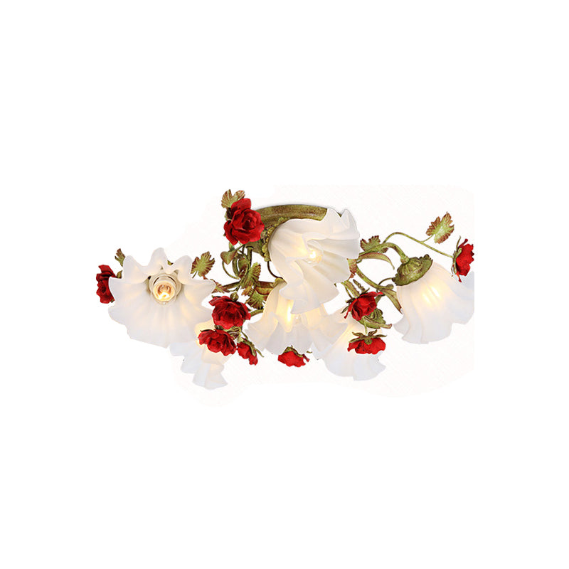 Plafonnier semi-encastré de jardin coréen en vert avec des accents de roses rouges - Verre opale, 4/6 têtes