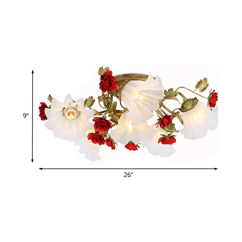 Plafonnier semi-encastré de jardin coréen en vert avec des accents de roses rouges - Verre opale, 4/6 têtes
