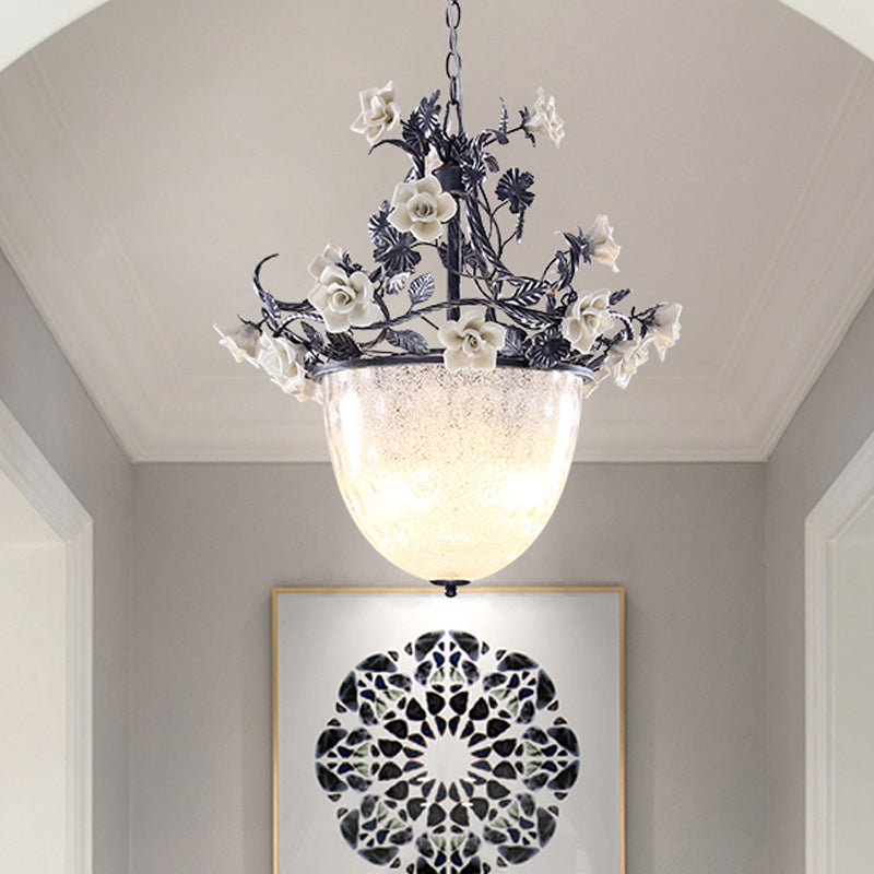 Pastoral Style 4-Bulb Chandelier Pendant Light With White Glass And Flower Decoration