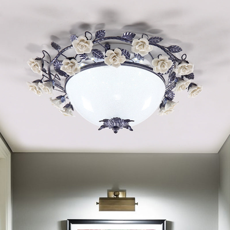 Korean Flower Bowl LED Ceiling Light for Living Room - White Glass Flush Mount Spotlight (20"/25" width)