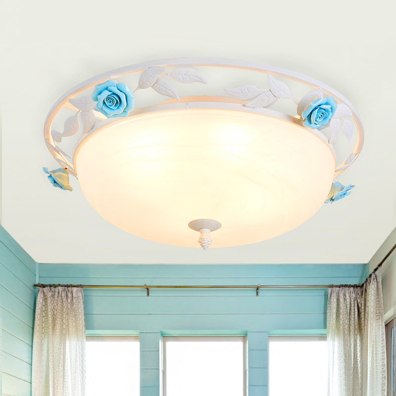 Countryside Bedroom LED Ceiling Flush Mount with White Glass Dome Shade