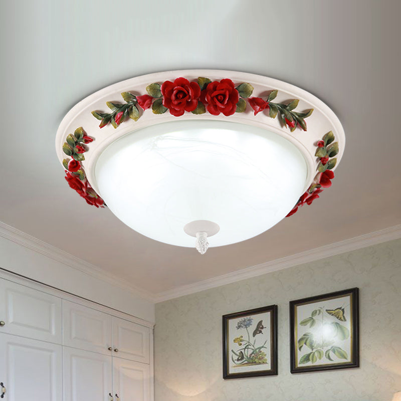 Red Led Ceiling Lamp - Korean Garden White Glass Dome Flush Mount Lighting -12/16 With Flower Design