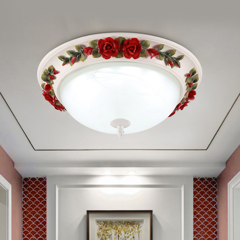 Red Led Ceiling Lamp - Korean Garden White Glass Dome Flush Mount Lighting -12/16 With Flower Design