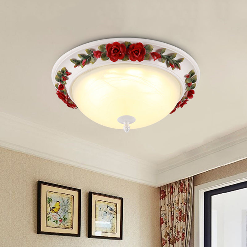Red Led Ceiling Lamp - Korean Garden White Glass Dome Flush Mount Lighting -12/16 With Flower Design