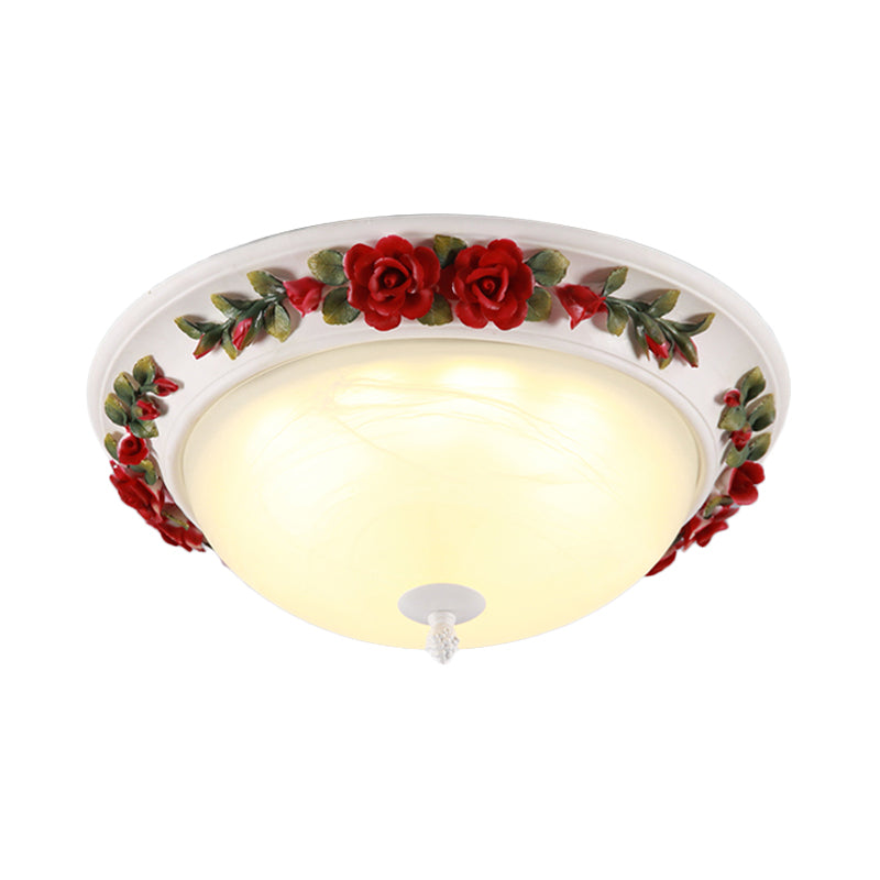 Red Led Ceiling Lamp - Korean Garden White Glass Dome Flush Mount Lighting -12/16 With Flower Design