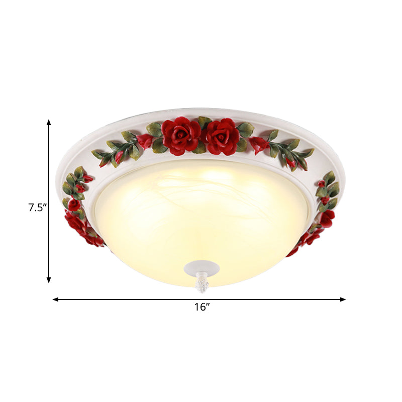 Red Led Ceiling Lamp - Korean Garden White Glass Dome Flush Mount Lighting -12/16 With Flower Design