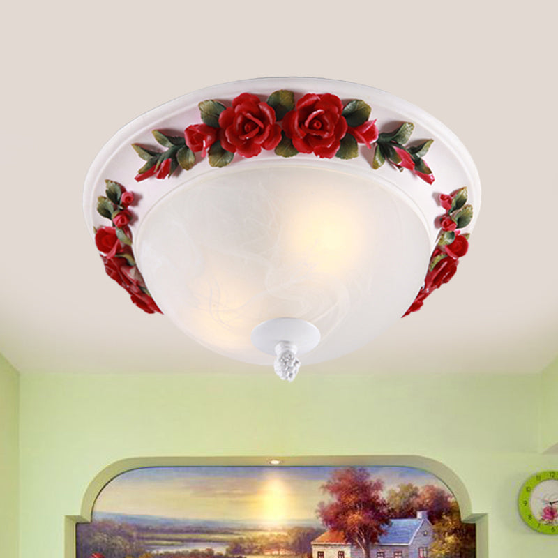 Red Led Ceiling Lamp - Korean Garden White Glass Dome Flush Mount Lighting -12/16 With Flower Design