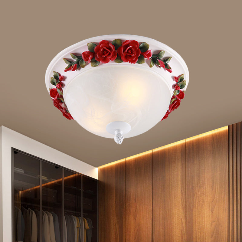 Red Led Ceiling Lamp - Korean Garden White Glass Dome Flush Mount Lighting -12/16 With Flower Design