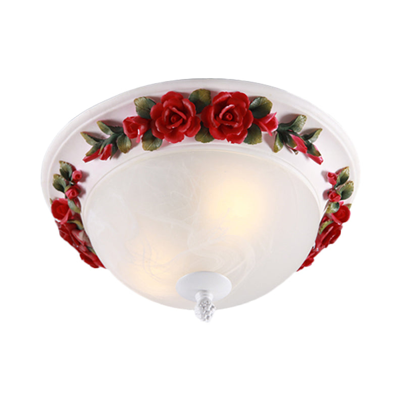 Red Led Ceiling Lamp - Korean Garden White Glass Dome Flush Mount Lighting -12/16 With Flower Design