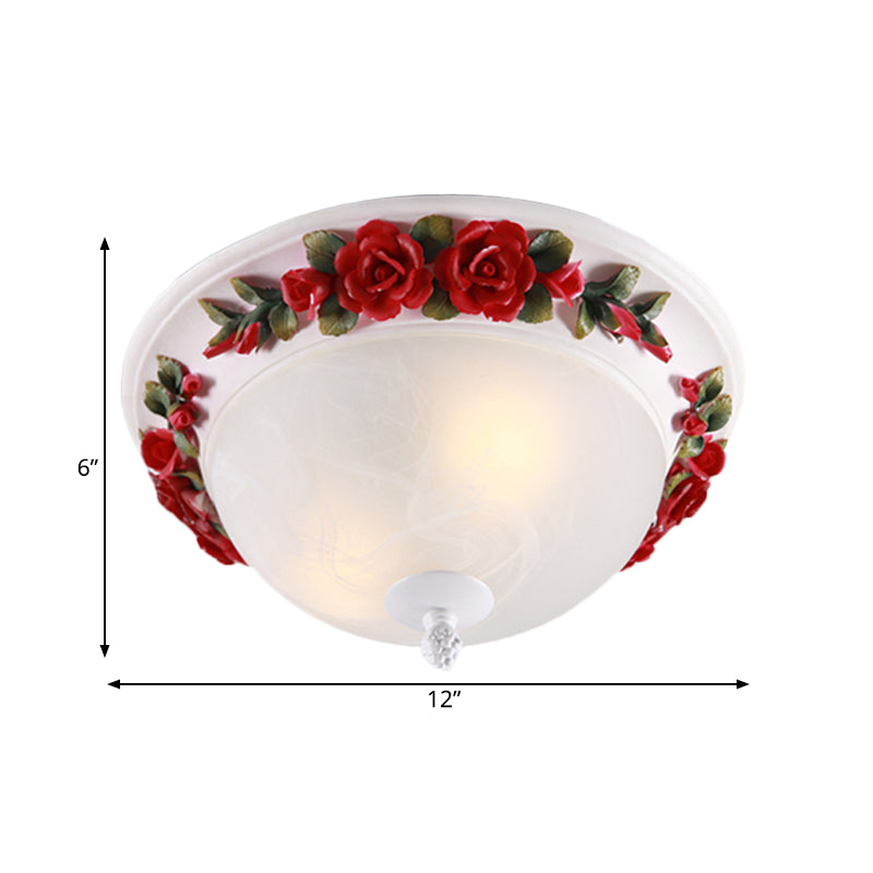 Red Led Ceiling Lamp - Korean Garden White Glass Dome Flush Mount Lighting -12/16 With Flower Design
