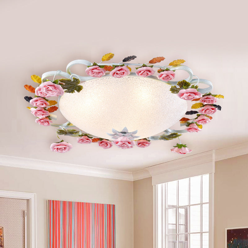 Korean Garden LED Flush Mount Ceiling Light with Pink Rose Accents - White Glass - 23.5"/27.5" Width