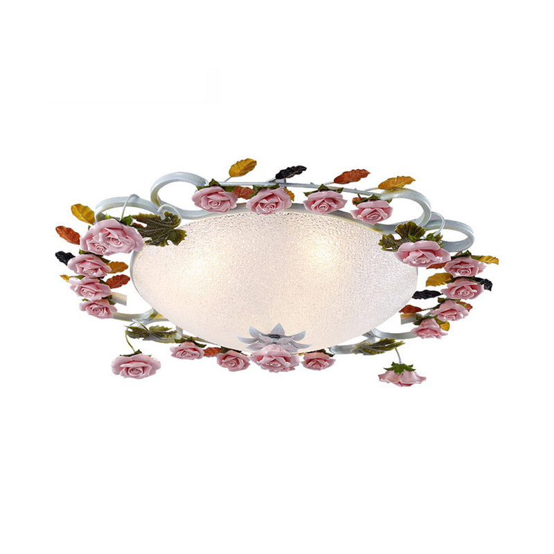 Korean Garden LED Flush Mount Ceiling Light with Pink Rose Accents - White Glass - 23.5"/27.5" Width