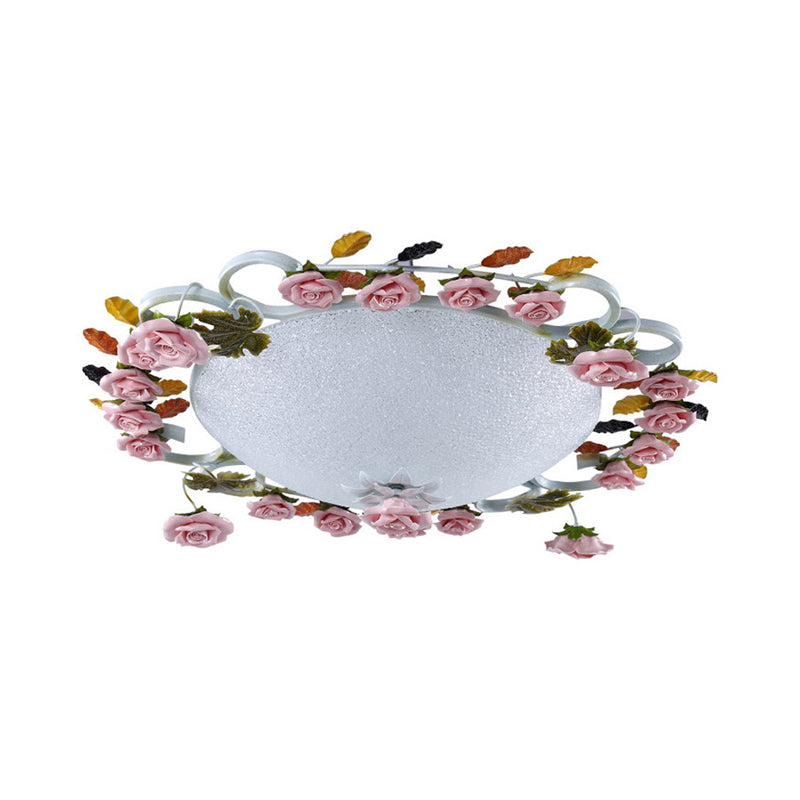 Korean Garden LED Flush Mount Ceiling Light with Pink Rose Accents - White Glass - 23.5"/27.5" Width