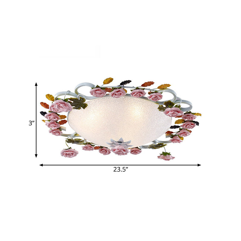 Korean Garden LED Flush Mount Ceiling Light with Pink Rose Accents - White Glass - 23.5"/27.5" Width