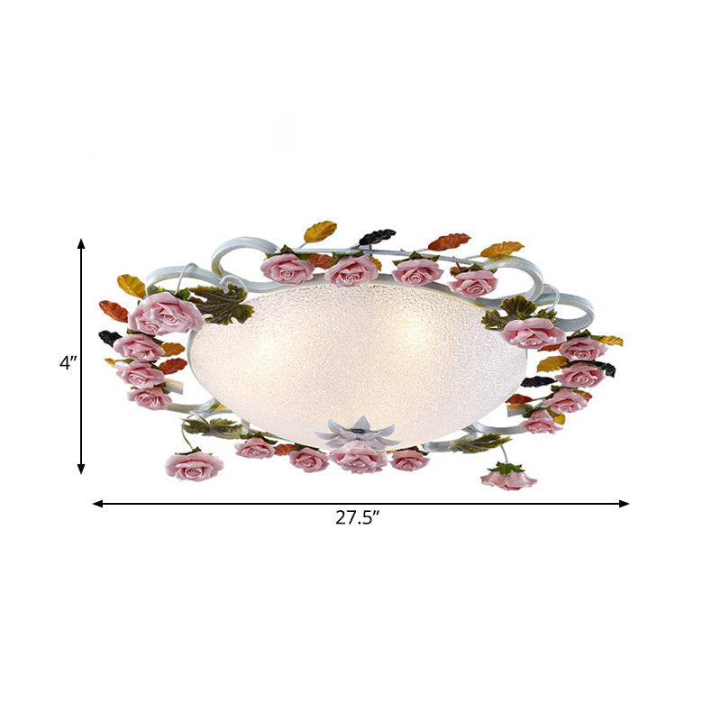 Korean Garden LED Flush Mount Ceiling Light with Pink Rose Accents - White Glass - 23.5"/27.5" Width