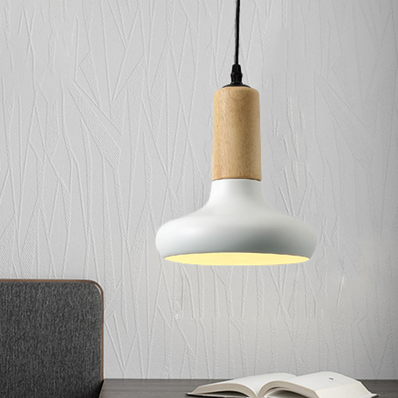 Luminaire suspendu en forme d'urne métallique nordique - 1 tête blanche avec tube à capuchon en bois