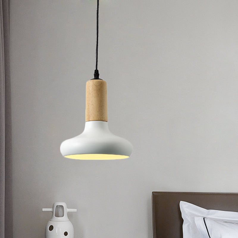 Luminaire suspendu en forme d'urne métallique nordique - 1 tête blanche avec tube à capuchon en bois