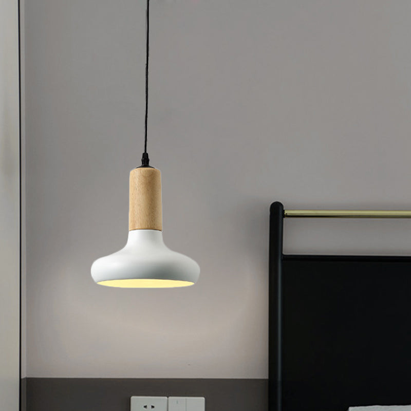 Luminaire suspendu en forme d'urne métallique nordique - 1 tête blanche avec tube à capuchon en bois