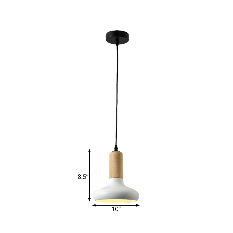 Luminaire suspendu en forme d'urne métallique nordique - 1 tête blanche avec tube à capuchon en bois