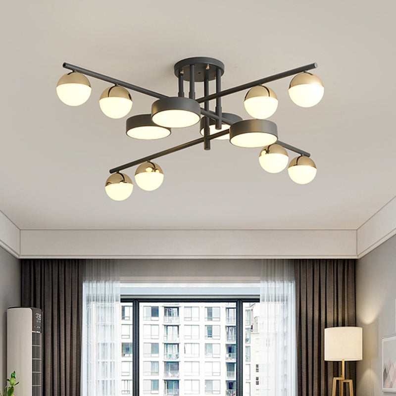 Lampe à LED en métal moderniste à tambour et boule - Lampe semi-encastrée à 12 têtes en gris pour le salon