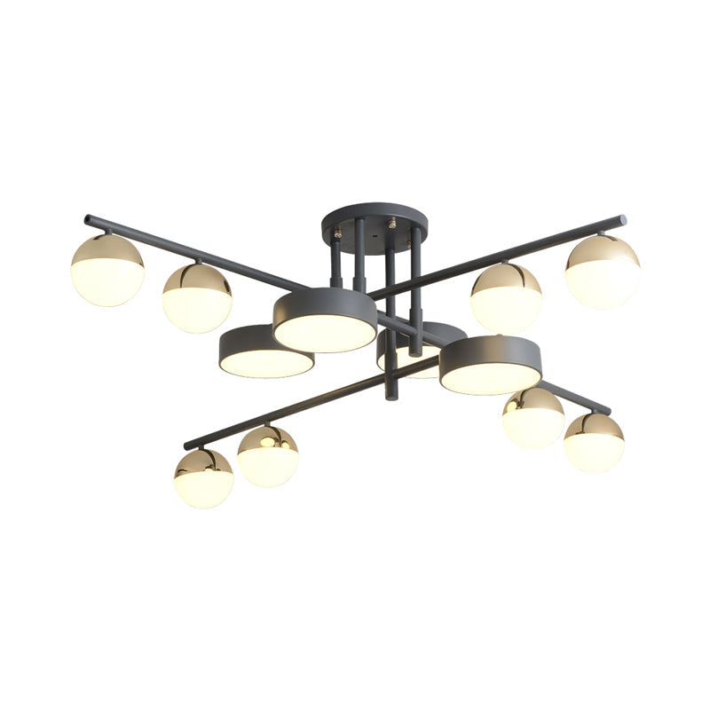 Lampe à LED en métal moderniste à tambour et boule - Lampe semi-encastrée à 12 têtes en gris pour le salon