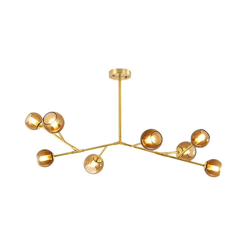 8-Bulb Branch Pendant Chandelier With Amber Glass Shade - Modern Brass Ceiling Fixture For Living