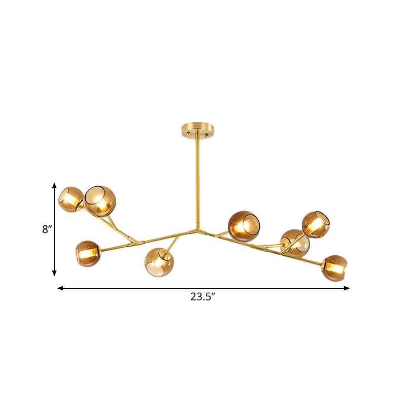 Modern 8-Bulb Brass Chandelier Ceiling Light with Amber Glass Shades