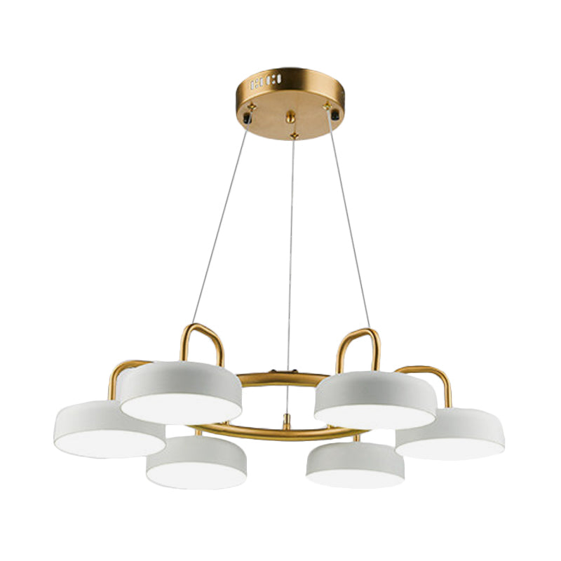 Modernist 6-Head Led Ring Chandelier In White And Gold With Metallic Drum Pendant Light Fixture