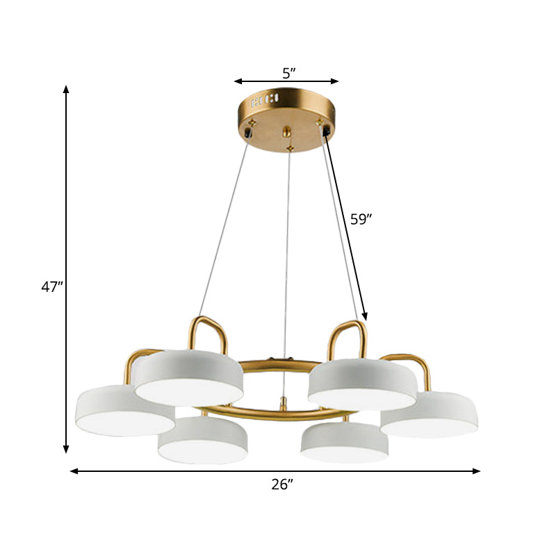 Modernist 6-Head Led Ring Chandelier In White And Gold With Metallic Drum Pendant Light Fixture