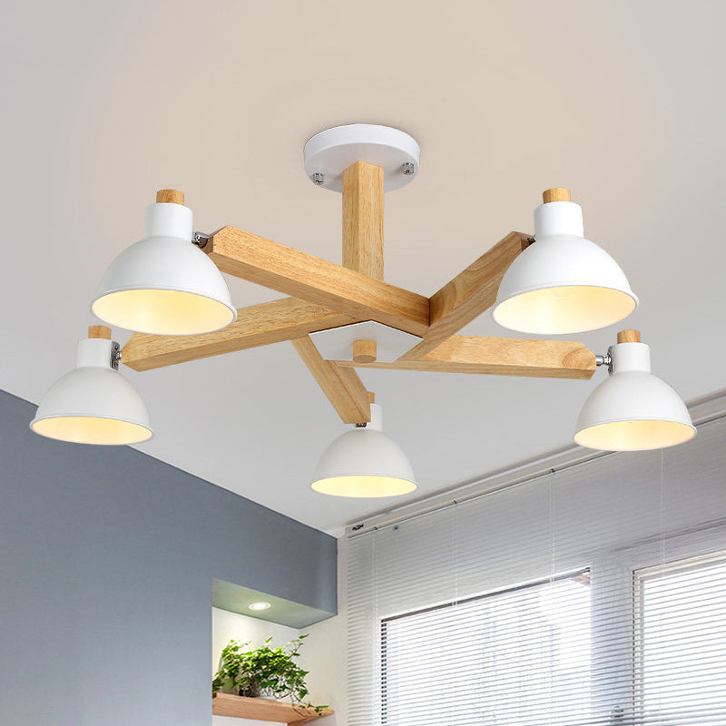 Plafonnier semi-encastré en spirale de bois moderne avec 5 lumières blanches et abat-jour conique en métal