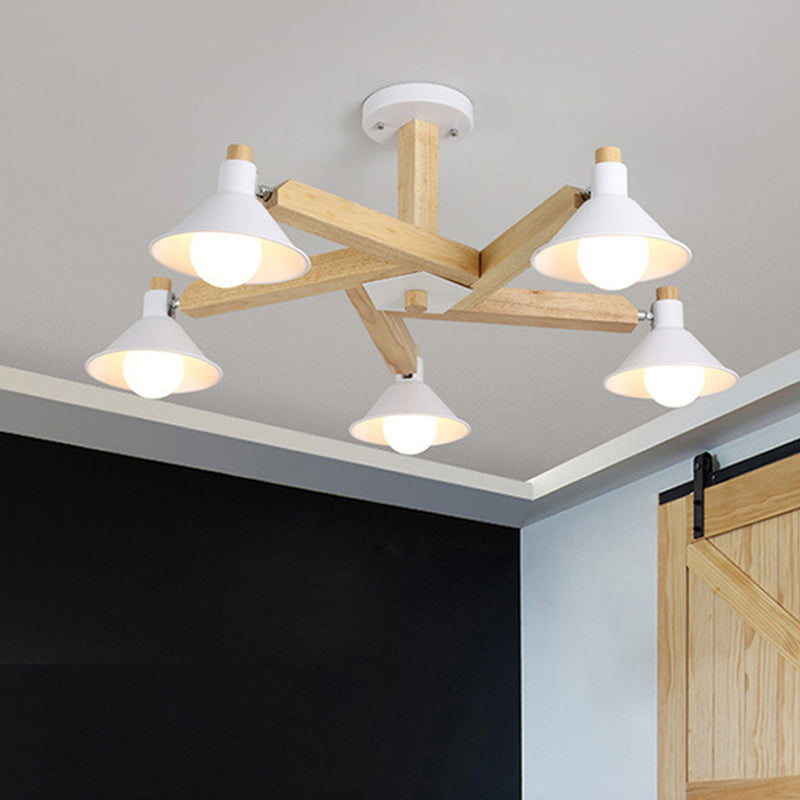 Plafonnier semi-encastré en spirale de bois moderne avec 5 lumières blanches et abat-jour conique en métal