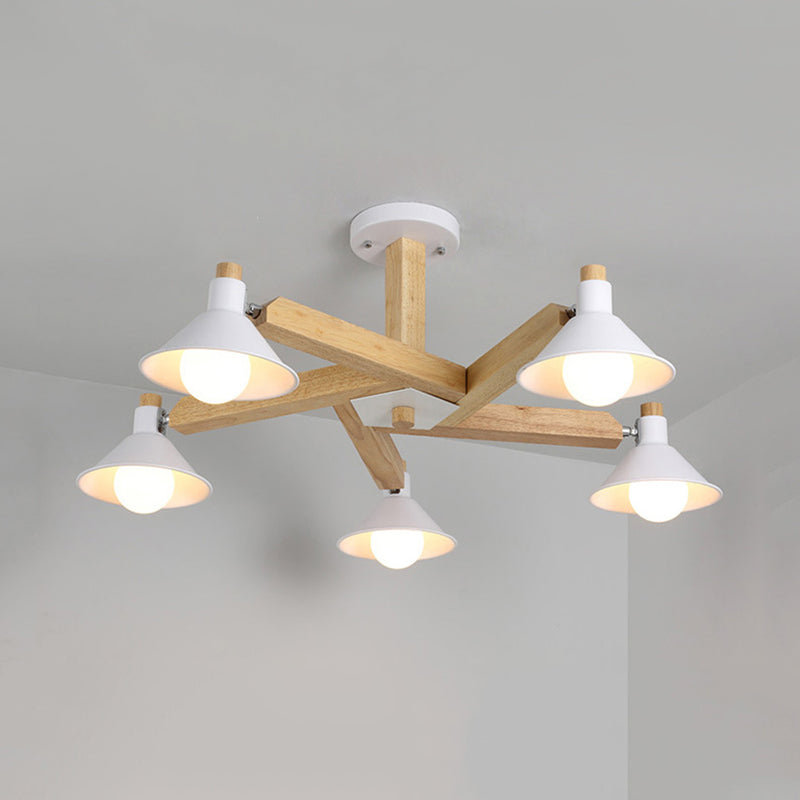 Plafonnier semi-encastré en spirale de bois moderne avec 5 lumières blanches et abat-jour conique en métal