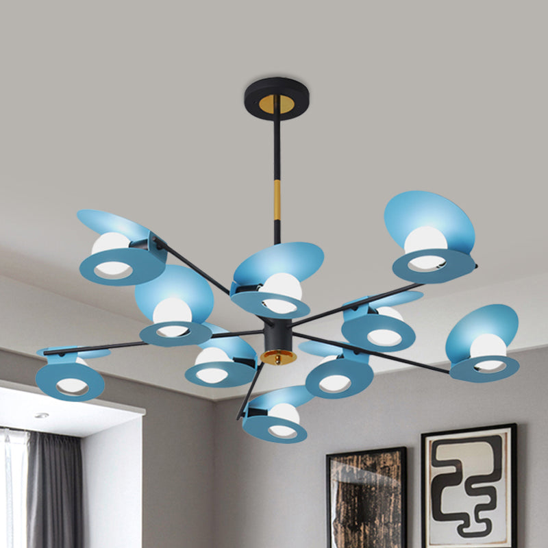 Lustre à suspension contemporain à disque bleu - Finition métallique, lampe de salon à 10 ampoules avec design creux