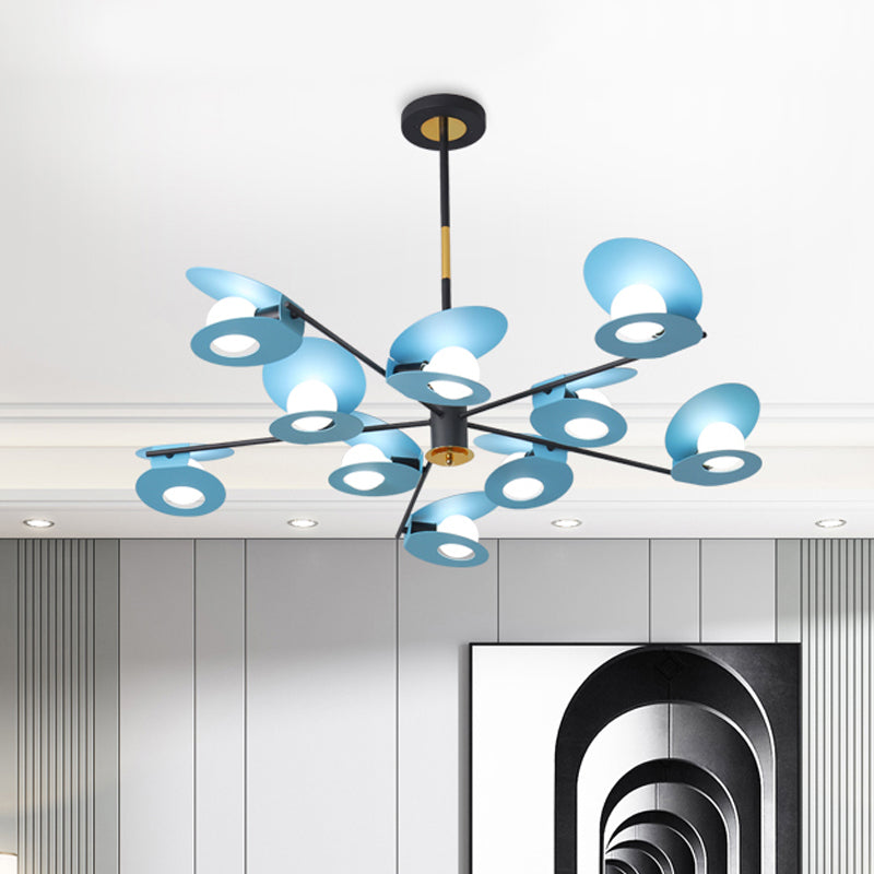 Lustre à suspension contemporain à disque bleu - Finition métallique, lampe de salon à 10 ampoules avec design creux