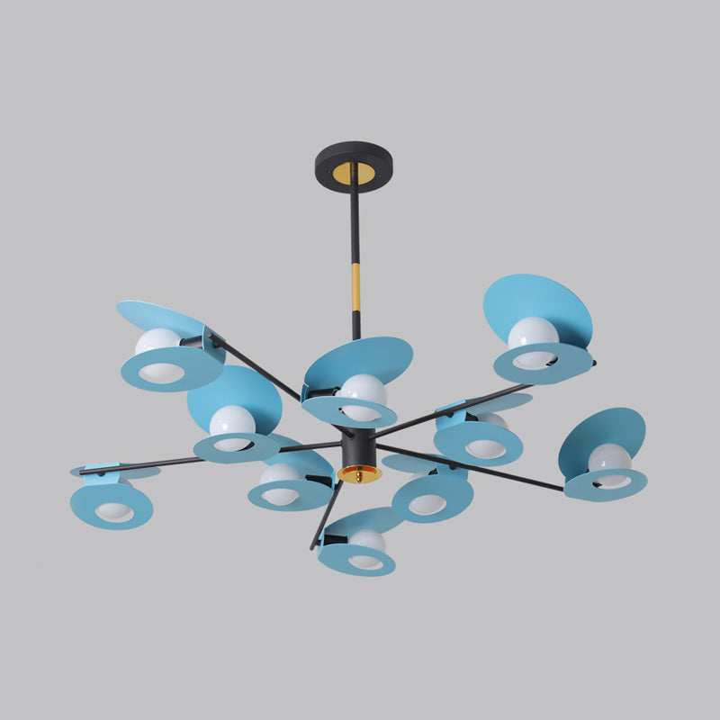 Lustre à suspension contemporain à disque bleu - Finition métallique, lampe de salon à 10 ampoules avec design creux